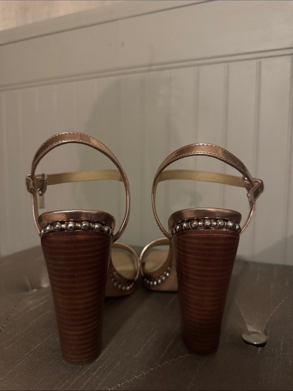 Coach Metallic Rose Gold Block Heel Sandals with Studded Trim - Picture 5 of 8